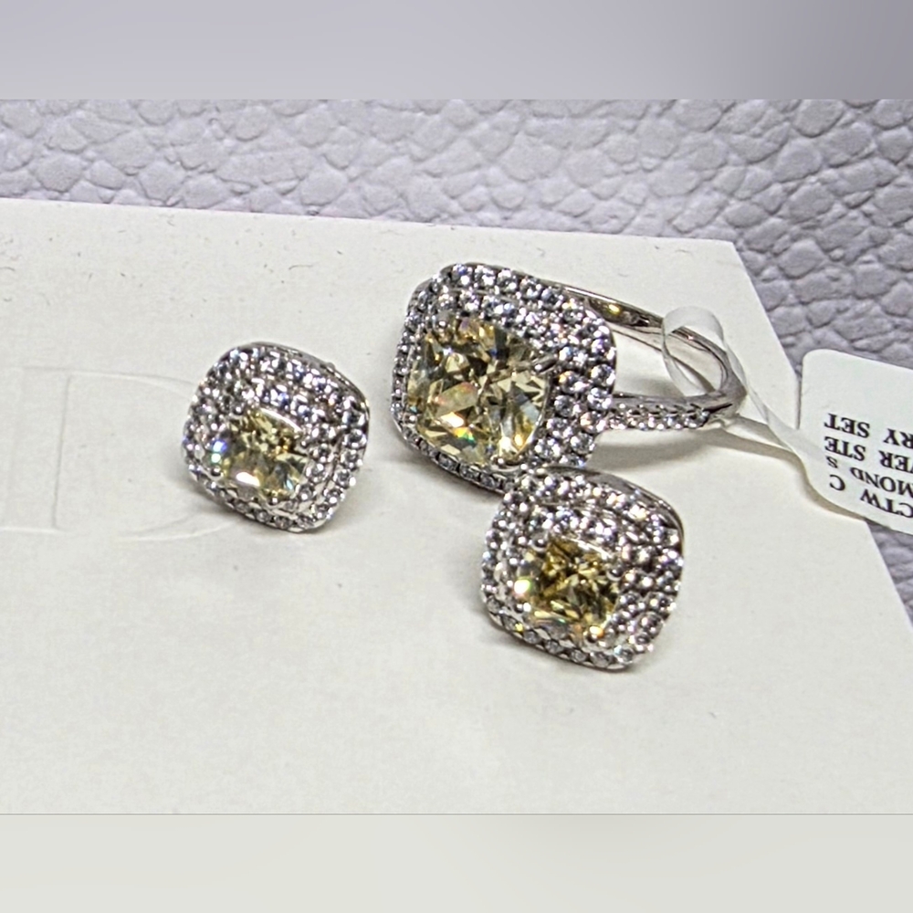 BELLA LUCE Canary and White Diamond Simulants Silver Ring & Earrings Set NWT